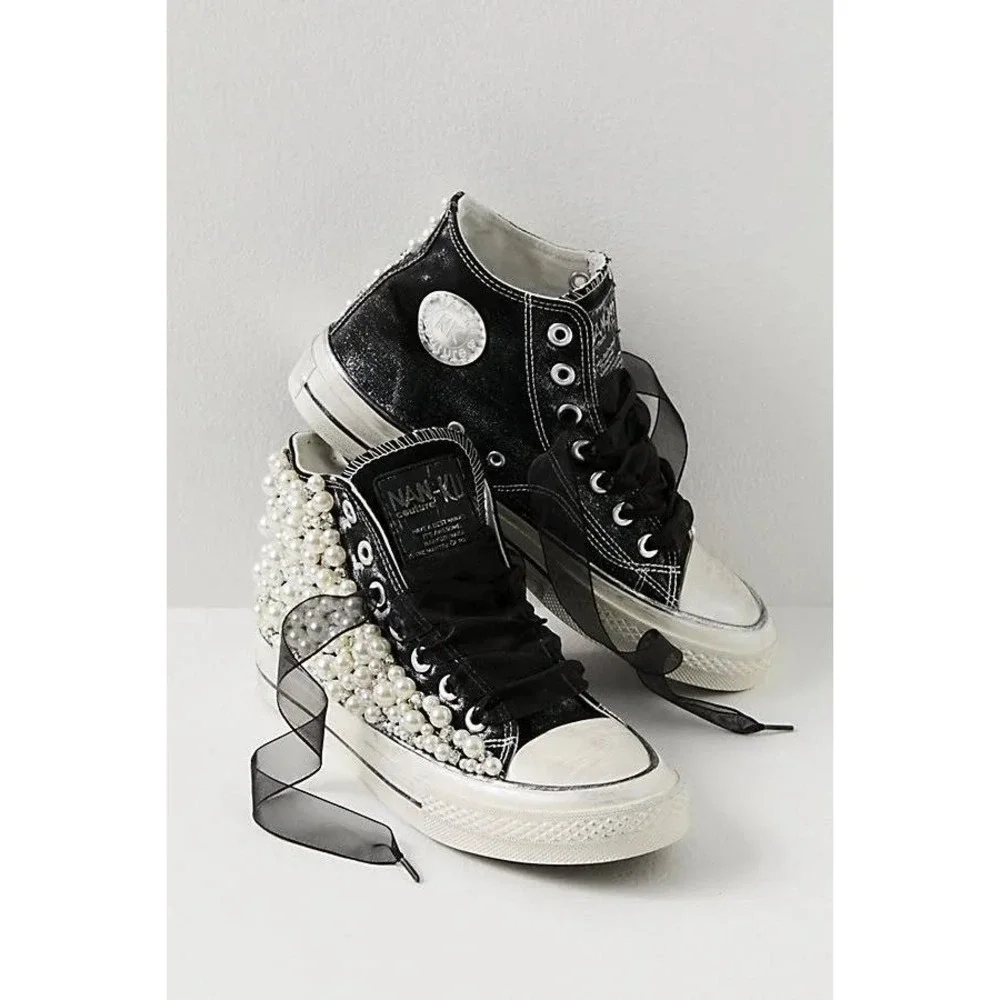 Free People Pearl Crush Hi Top Sneakers by Nan-Ku Black Sz 39 New